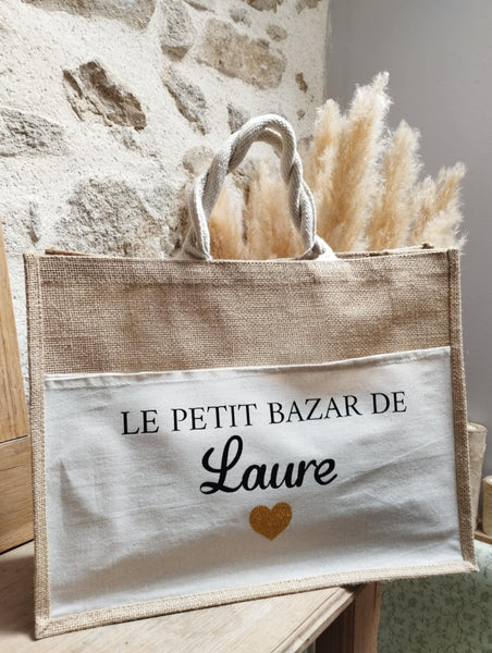 Cabas " Le petit bazar de ..." Cabas en toile de jute et coton personnalisable