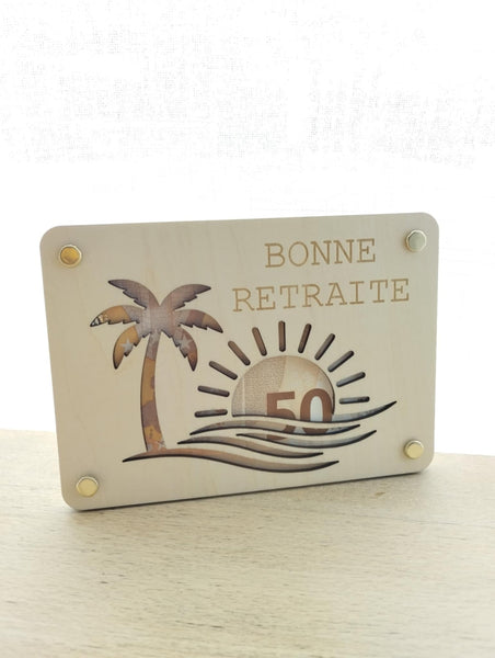 Carte en bois  pour offrir de l'argent / carte en bois billets / carte bois retraite / cadeau départ en retraite
