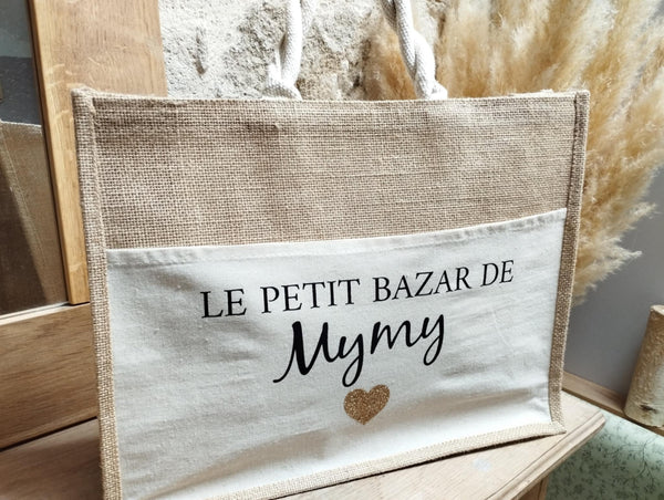 Cabas " Le petit bazar de ..." Cabas en toile de jute et coton personnalisable