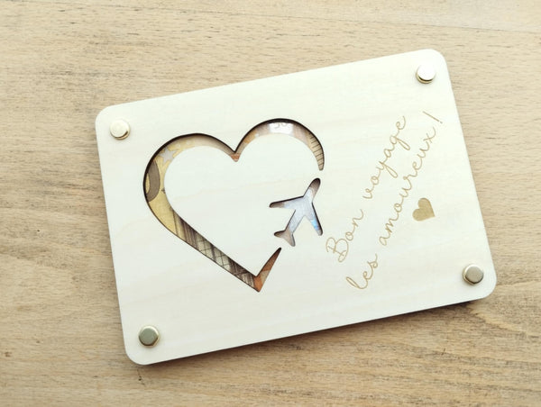 Carte en bois  pour offrir de l'argent / carte en bois billets / carte bois voyage de noce / cadeau départ en lune de miel / mariage