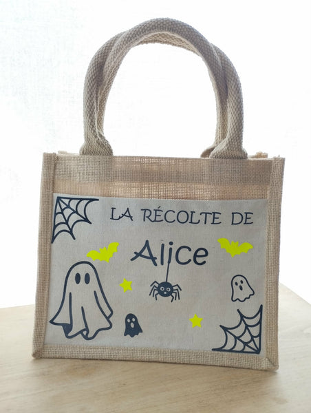 Sac à bonbons Halloween personnalisé enfant – Petit cabas avec prénom – Sac Halloween enfant – Chasse aux bonbons – Cadeau Halloween Phosphorescent