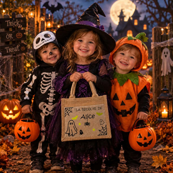 Sac à bonbons Halloween personnalisé enfant – Petit cabas avec prénom – Sac Halloween enfant – Chasse aux bonbons – Cadeau Halloween Phosphorescent