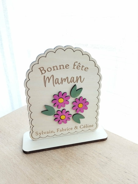 Pancarte "Bonne fête maman fleuri" en bois naturel. Fête des mères, maman. Cadeau personnalisé maman