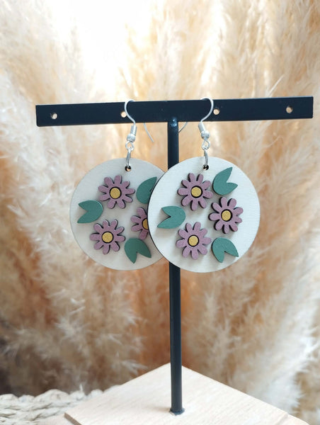 Boucles d'oreilles pendante ronde personnalisable "Fleurs couleurs en bois" Boucles d'oreilles printanières