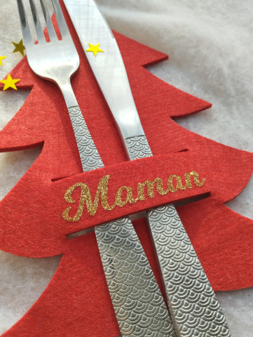 Porte couverts personnalisé feutrine Noël - Sapin de Noël- art de la table personnalisé