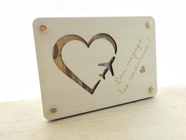 Carte en bois  pour offrir de l'argent / carte en bois billets / carte bois voyage de noce / cadeau départ en lune de miel / mariage