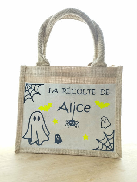 Sac à bonbons Halloween personnalisé enfant – Petit cabas avec prénom – Sac Halloween enfant – Chasse aux bonbons – Cadeau Halloween Phosphorescent