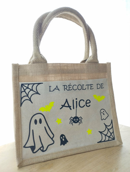 Sac à bonbons Halloween personnalisé enfant – Petit cabas avec prénom – Sac Halloween enfant – Chasse aux bonbons – Cadeau Halloween Phosphorescent