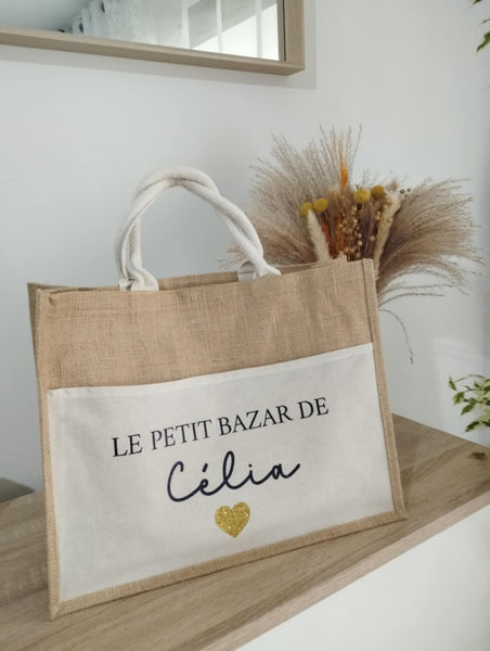 Cabas " Le petit bazar de ..." Cabas en toile de jute et coton personnalisable