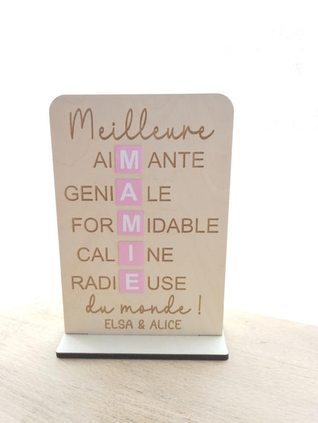 Pancarte "Meilleure Mamie du monde" en bois naturel. Cadeau personnalisé Grand Mère, mamie, bonne fête mamie