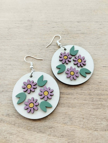 Boucles d'oreilles pendante ronde personnalisable "Fleurs couleurs en bois" Boucles d'oreilles printanières