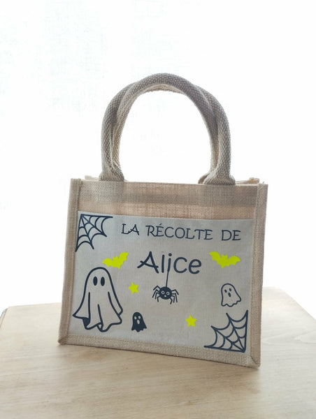 Sac à bonbons Halloween personnalisé enfant – Petit cabas avec prénom – Sac Halloween enfant – Chasse aux bonbons – Cadeau Halloween Phosphorescent