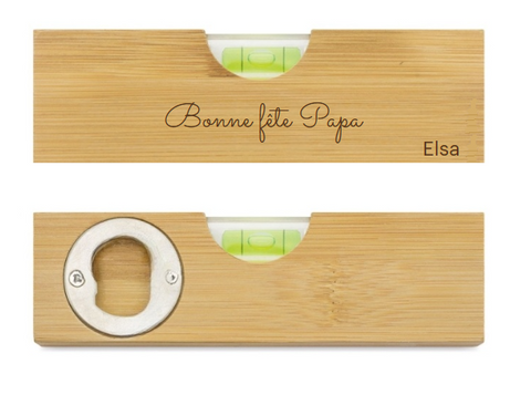 Niveau à bulle et Décapsuleur personnalisé en Bambou, idée cadeau parfaite pour la fête des Pères.
