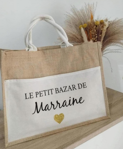 Cabas " Le petit bazar de ..." Cabas en toile de jute et coton personnalisable