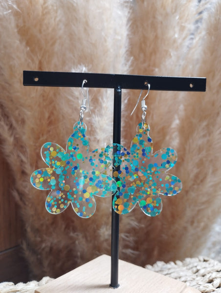 Boucles d'oreilles "Fleurs bleu Paillettes"