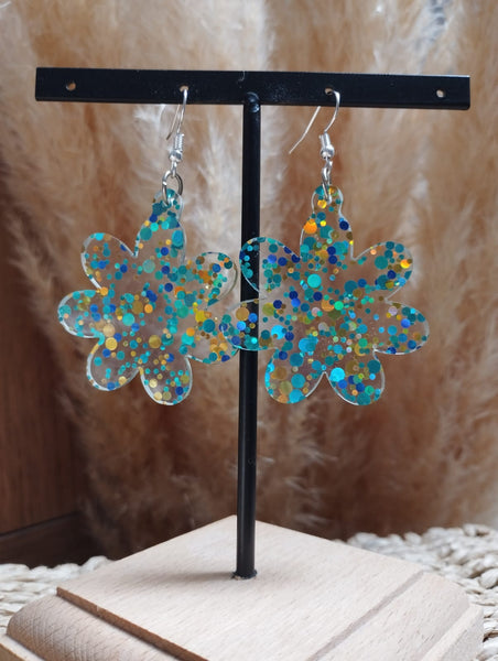 Boucles d'oreilles "Fleurs bleu Paillettes"