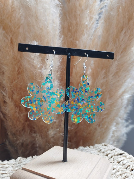 Boucles d'oreilles "Fleurs bleu Paillettes"