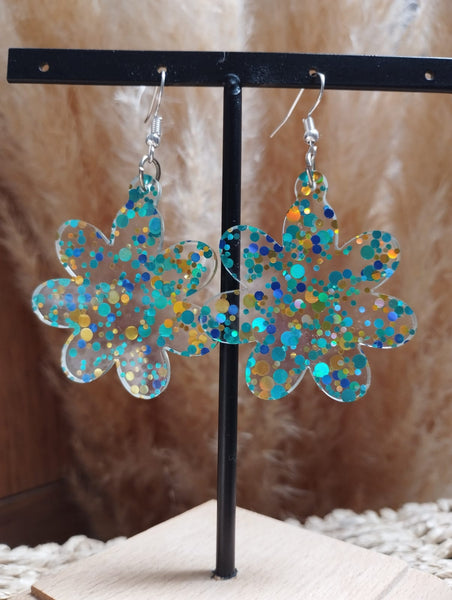 Boucles d'oreilles "Fleurs bleu Paillettes"