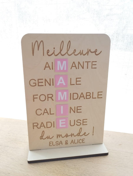 Pancarte "Meilleure Mamie du monde" en bois naturel. Cadeau personnalisé Grand Mère, mamie, bonne fête mamie