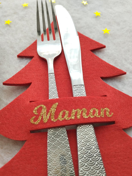 Porte couverts personnalisé feutrine Noël - Sapin de Noël- art de la table personnalisé