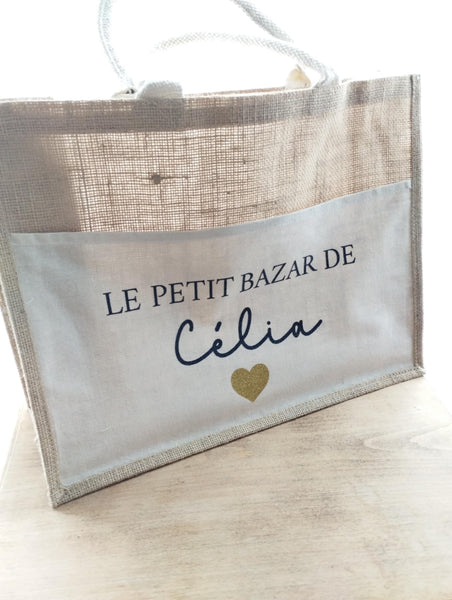 Cabas " Le petit bazar de ..." Cabas en toile de jute et coton personnalisable